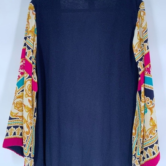 Soft Surroundings Dark Blue Latch front Cardigan with Gold and Pink Details - Picture 2 of 2